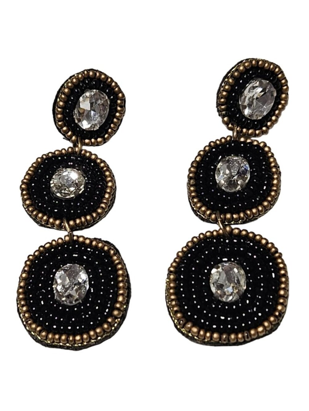 Handmade Seed Beaded Dangle Earrings Black Gold Crystal Felt Fabric Jewelry
